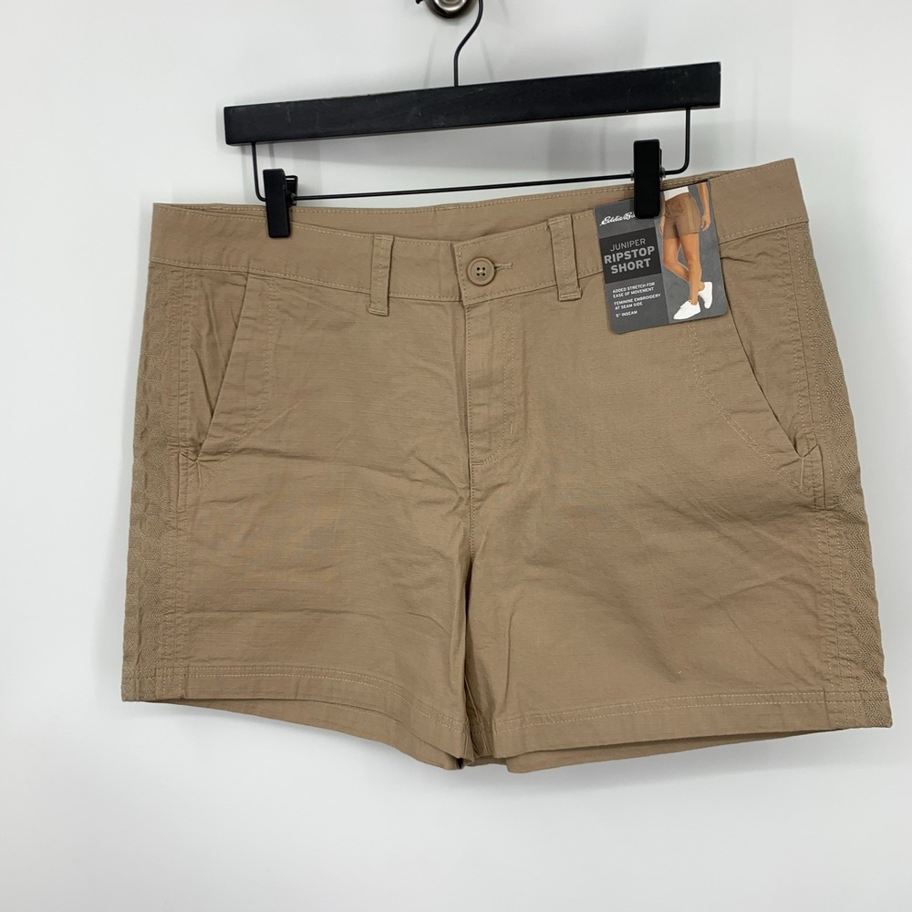 Eddie Bauer Women Size 14 Shorts Khaki Beige Brown Ripstop Juniper 5" Stretch